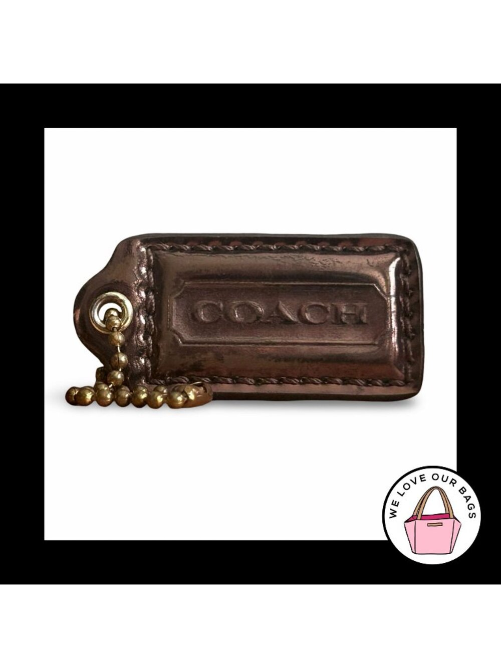 COACH POPPY HANGTAG Bronze Brown Mirrored Leather Bag Charm Keychain Fob Brass